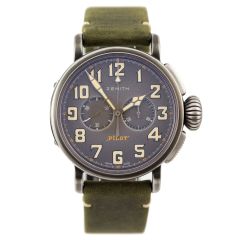 New Zenith Pilot Heritage Cafe Racer 11.2430.4069/21.C773 Automatic Chronograph. Steel 45 mm case. Green nubuck leather strap. Titanium pin buckle