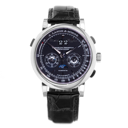 740.036FE | A. Lange & Sohne Datograph Perpetual Calendar Tourbillon English dial platinum case and folding clasp watch. Buy Online