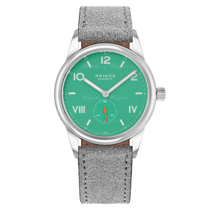 726 | Nomos Club Campus 38 Electric Green Grey Velour Leather watch. Buy Online